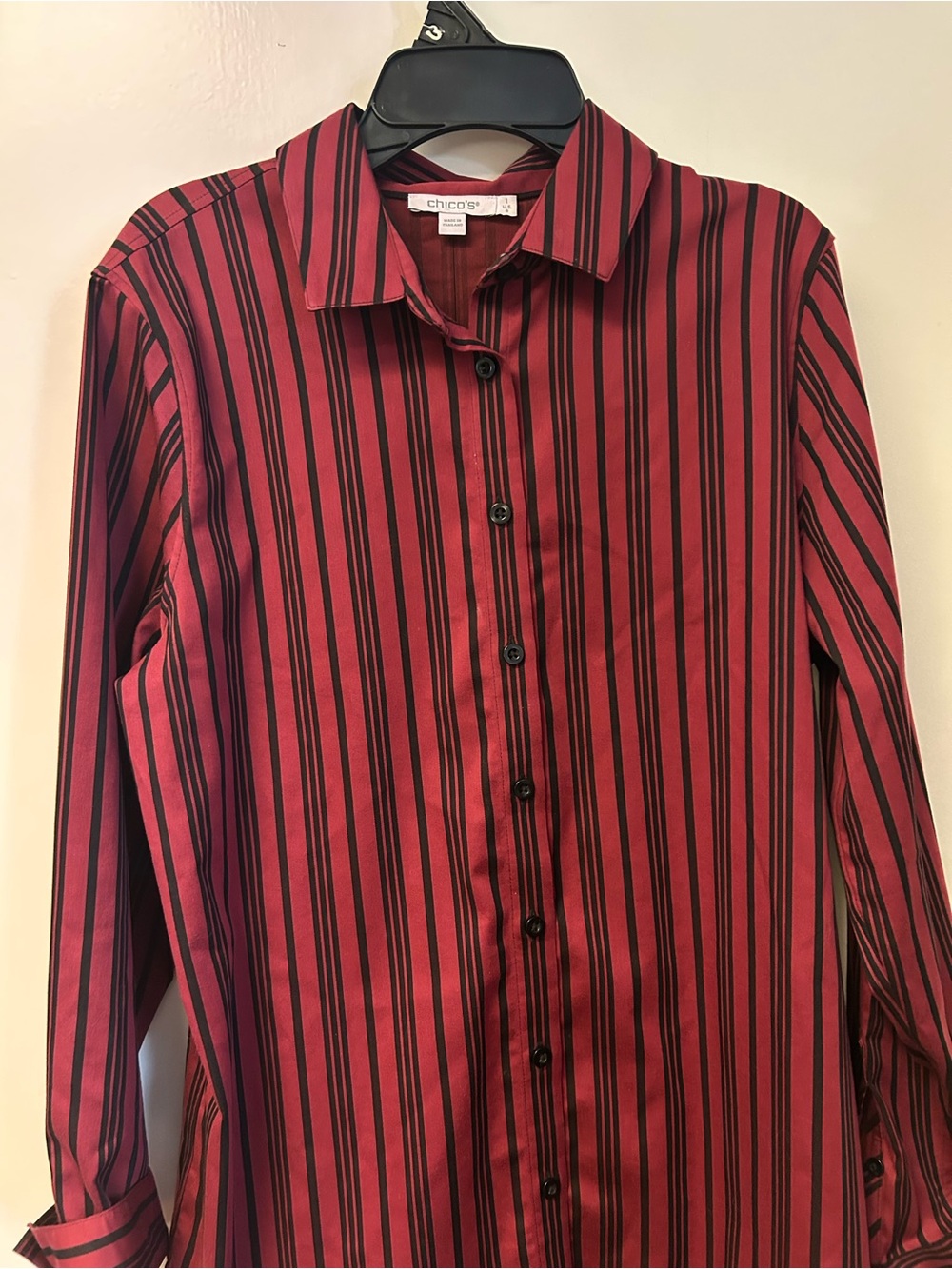 Chico's Women’s Burgundy and Black Vertical Stripe Button-Down Blouse